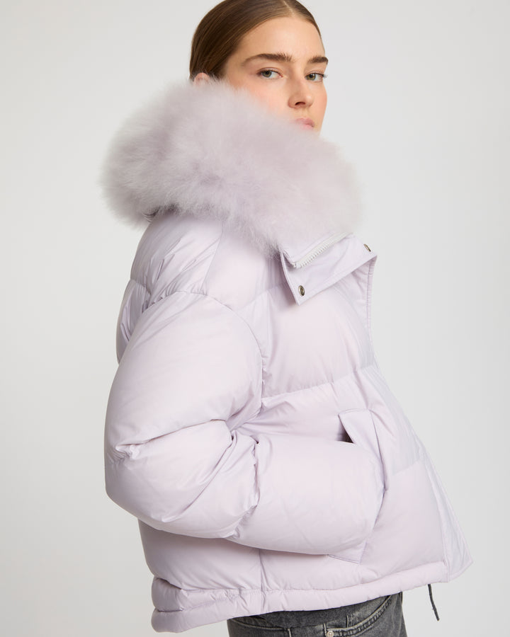 Short down jacket with fluffy lambswool trim