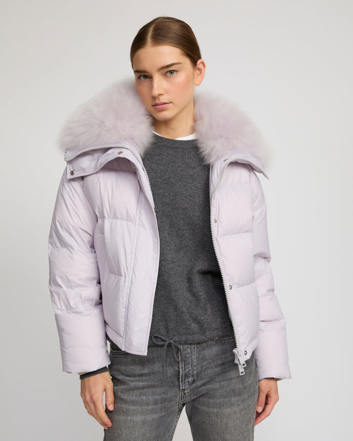 Short down jacket with fluffy lambswool trim