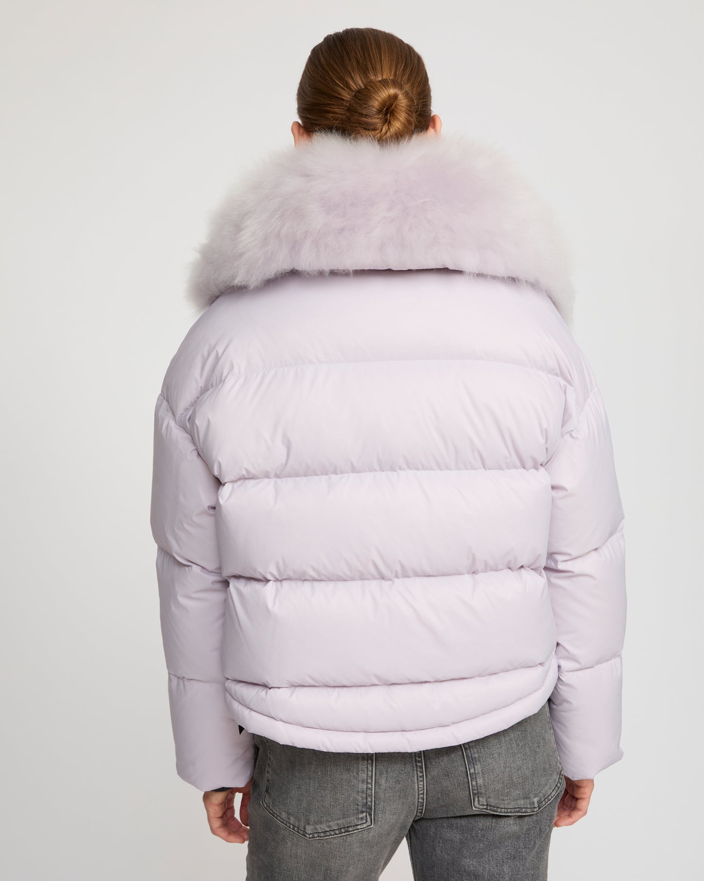 Short down jacket with fluffy lambswool trim