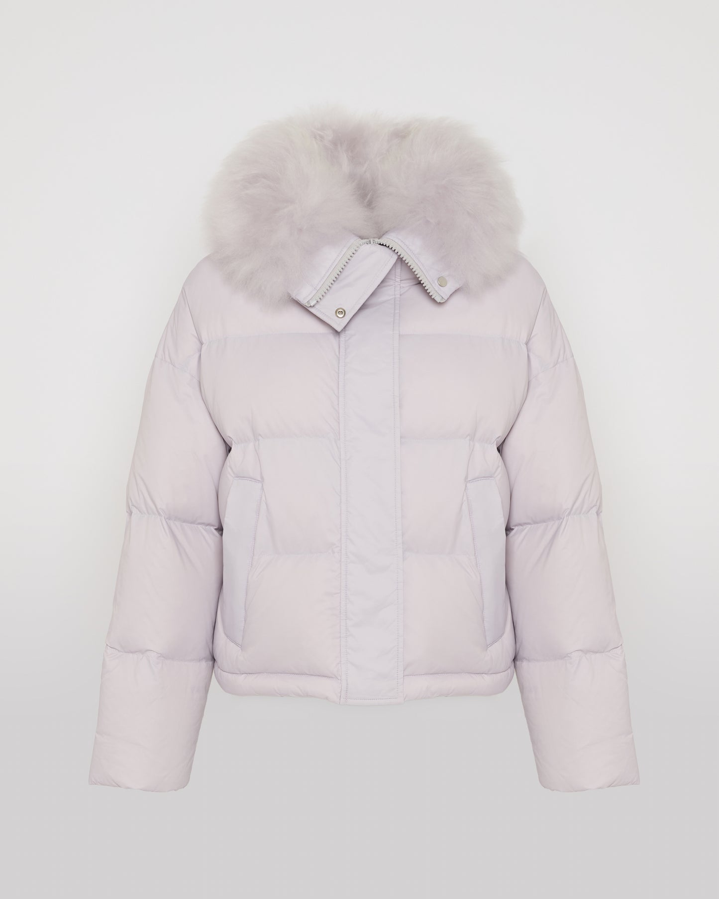 Short down jacket with fluffy lambswool trim