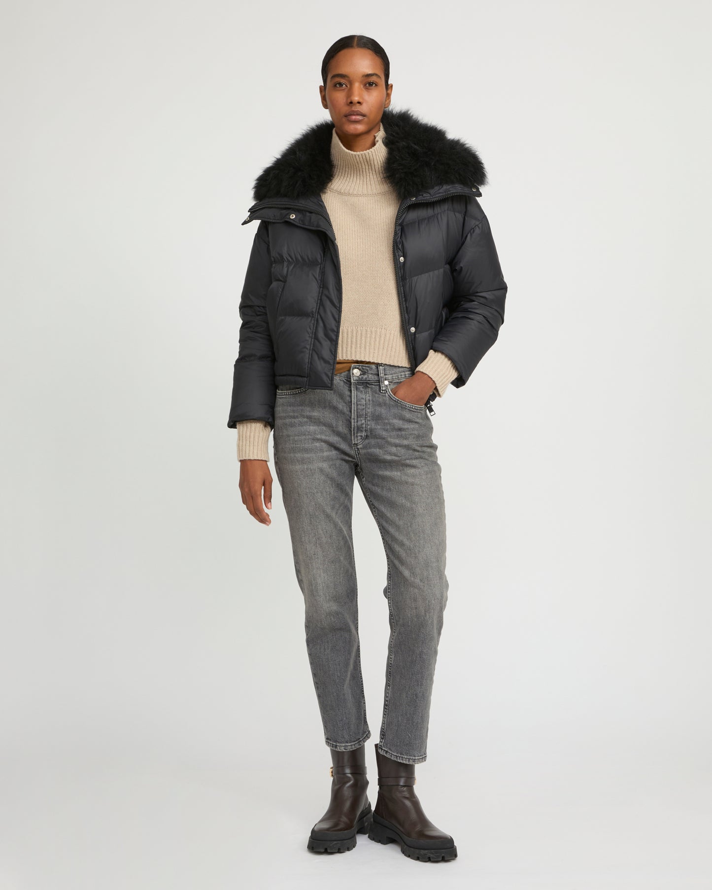 Short down jacket with fluffy lambswool trim