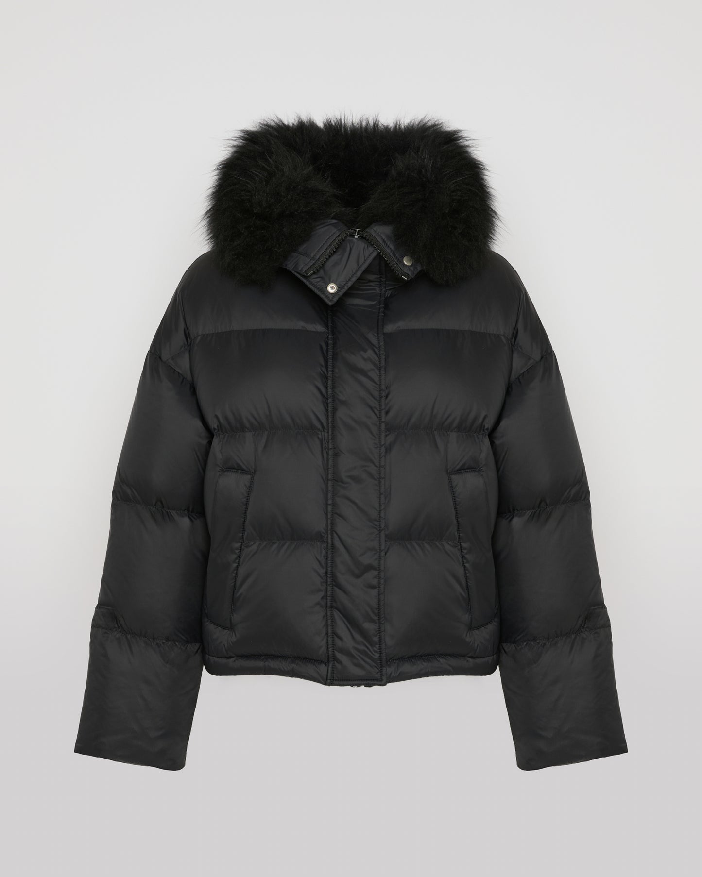 Short down jacket with fluffy lambswool trim