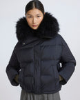Short down jacket in waterproof technical fabric with airy lambswool trim