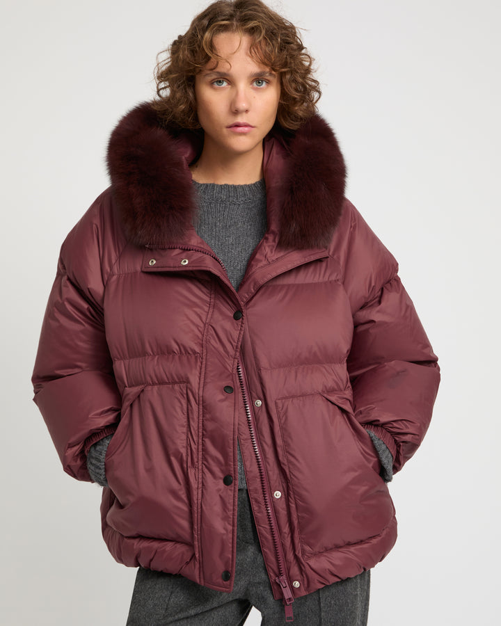 Short down jacket with raglan sleeves and fox fur trim -Yves Salomon