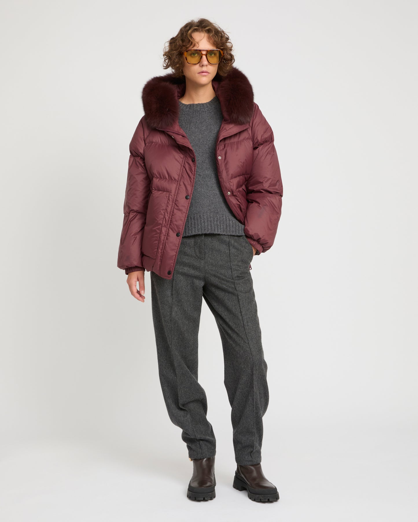 Short down jacket with raglan sleeves and fox fur trim -Yves Salomon