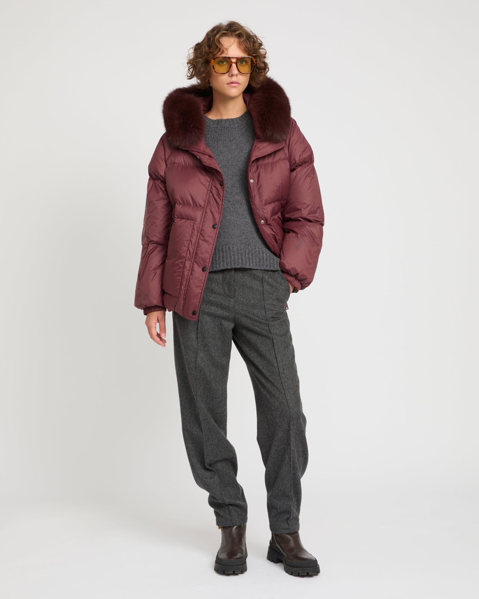 Short down jacket with raglan sleeves and fox fur trim -Yves Salomon
