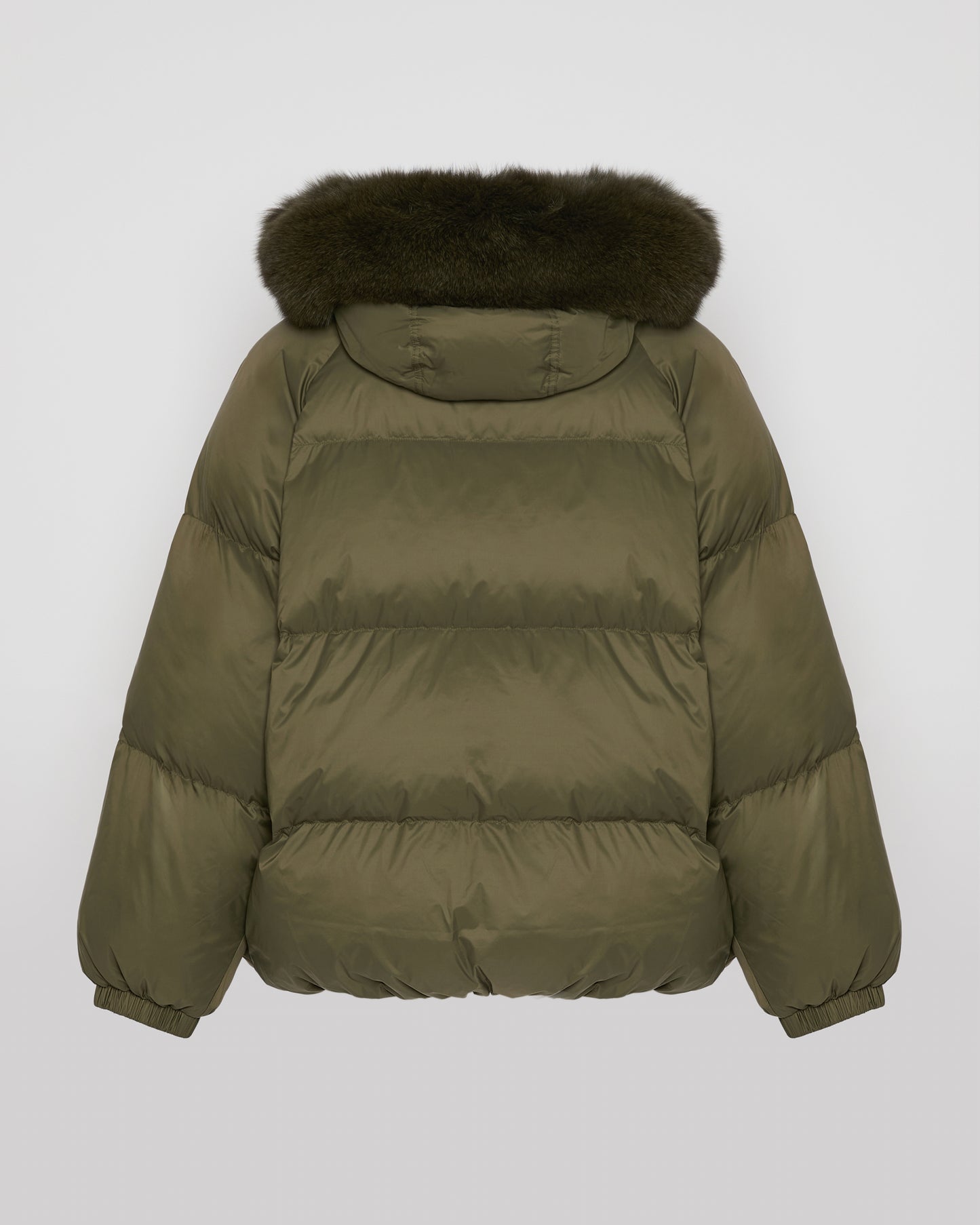 Short down jacket with raglan sleeves and fox fur trim
