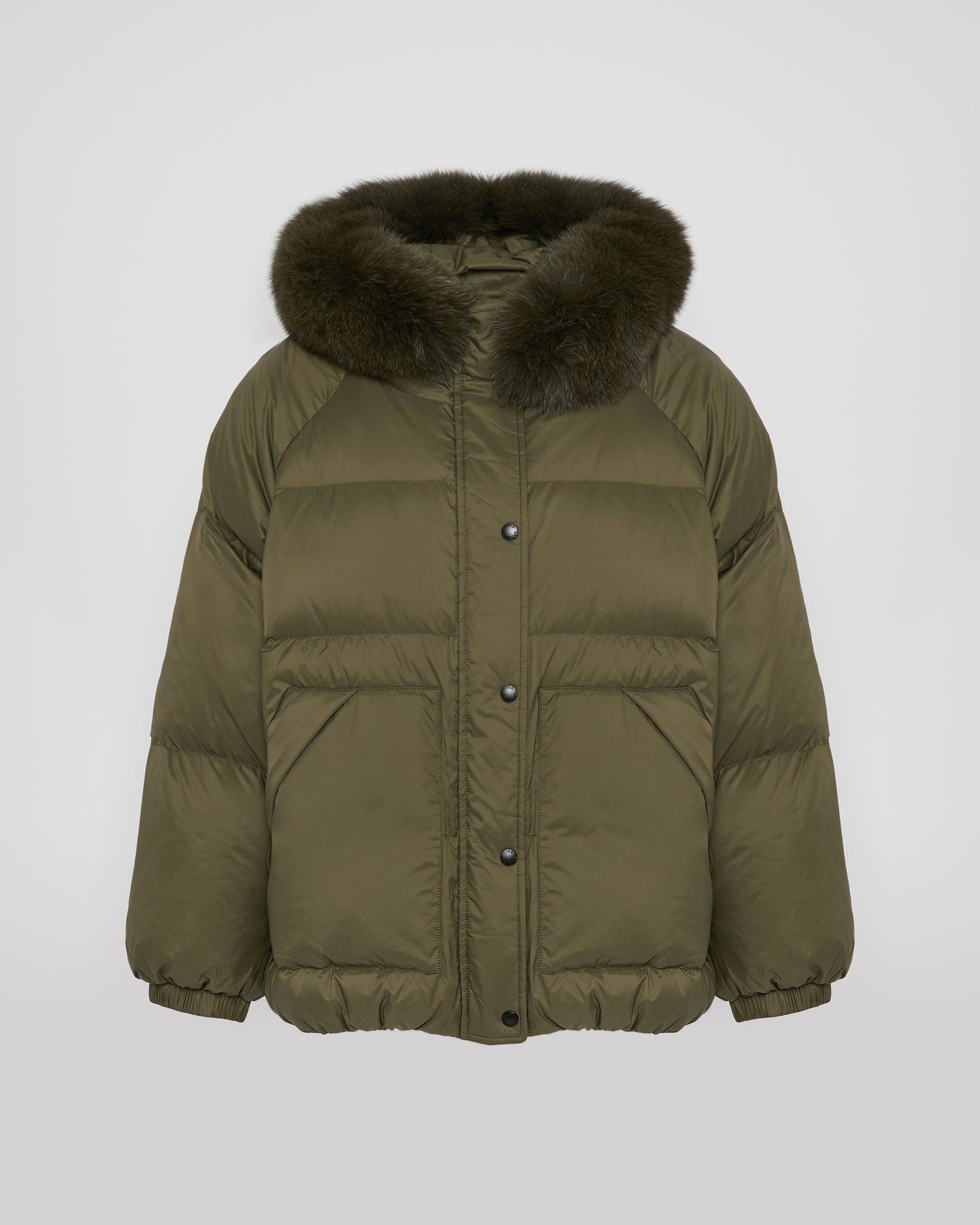 Short down jacket with raglan sleeves and fox fur trim