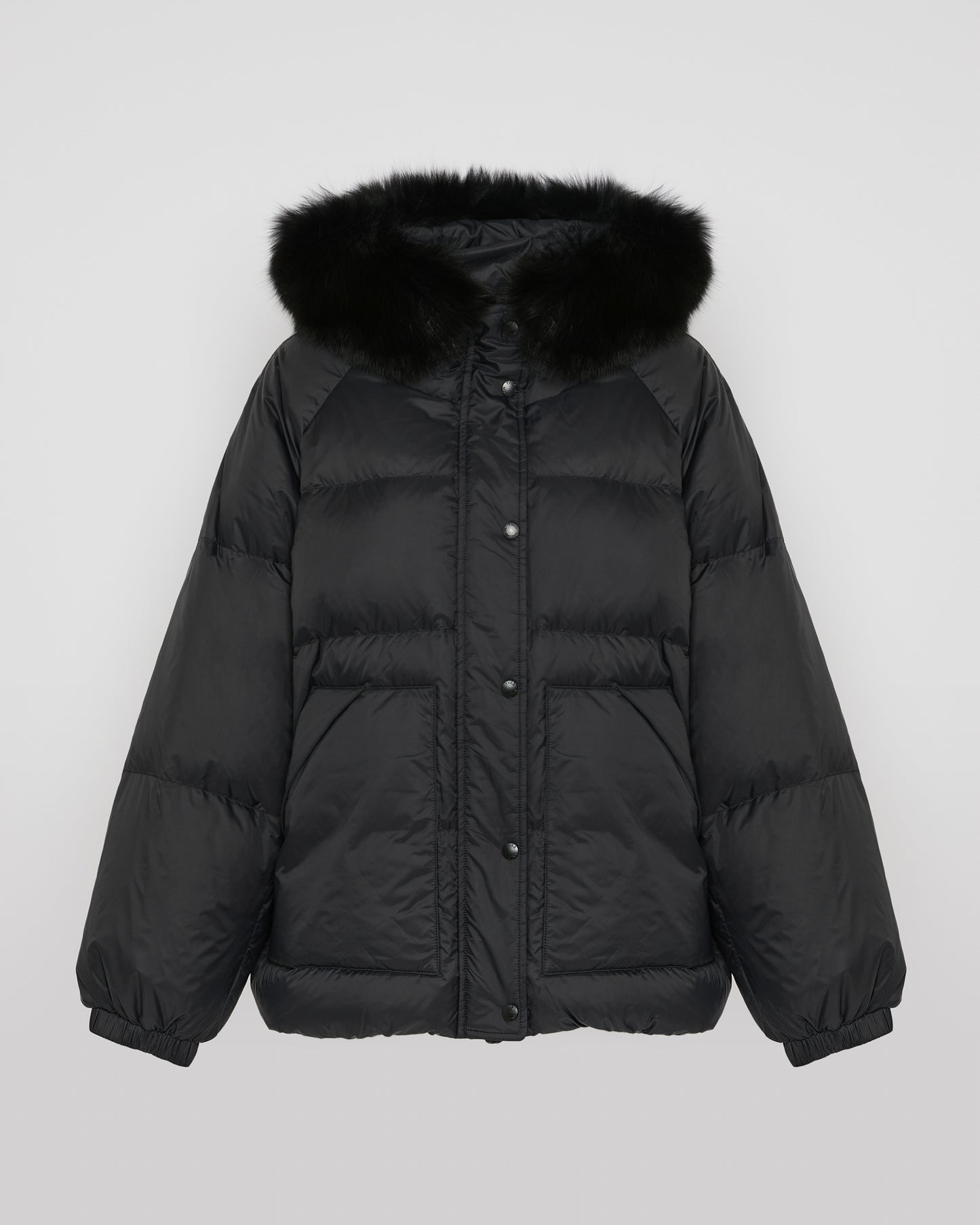Short down jacket with raglan sleeves and fox fur trim
