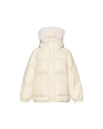 Short down jacket with raglan sleeves and fluffy lambswool trim