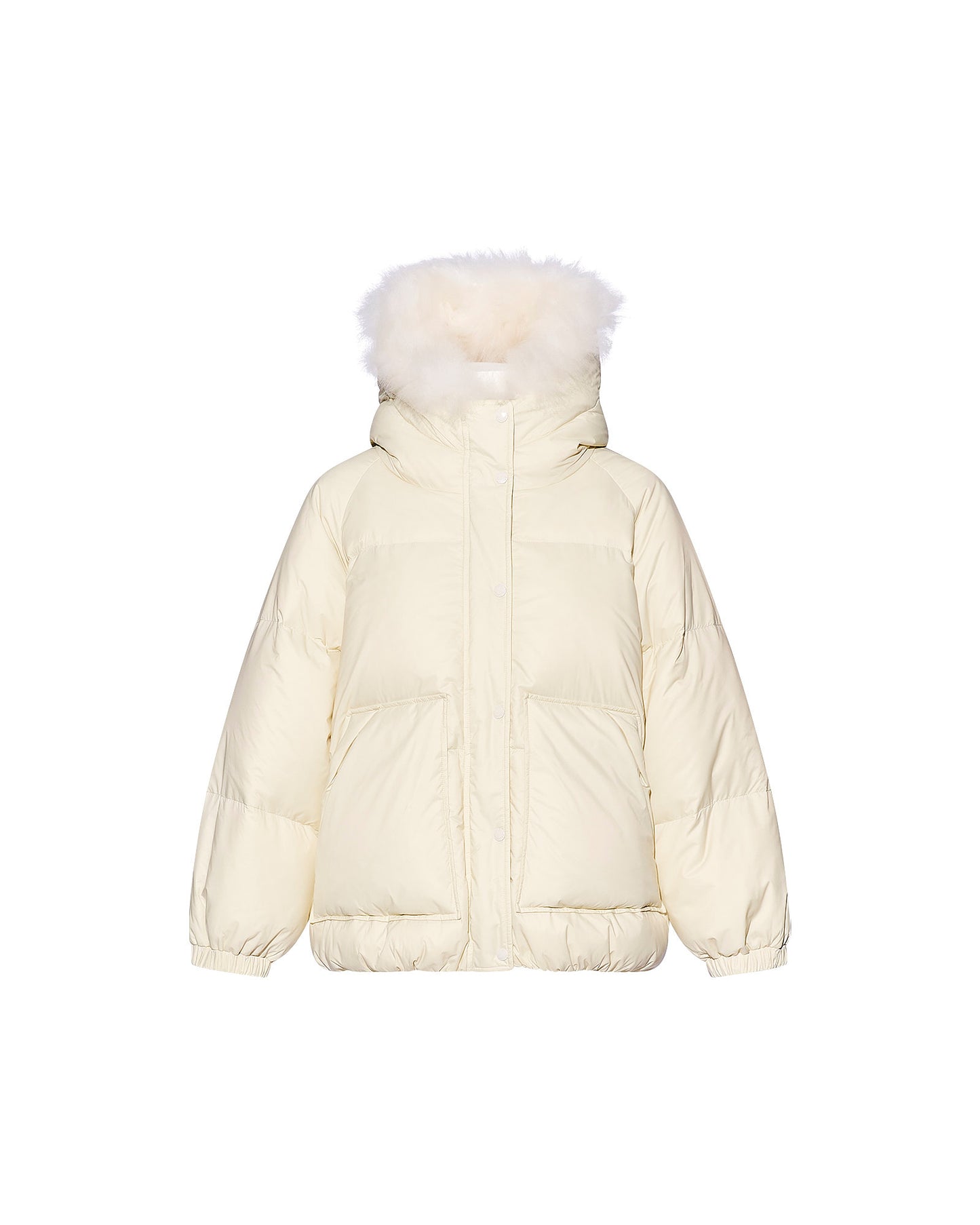 Short down jacket with raglan sleeves and fluffy lambswool trim