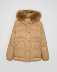 Short down jacket with raglan sleeves and fluffy lambswool trim