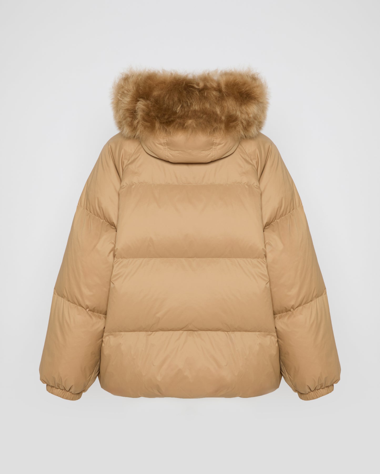Short down jacket with raglan sleeves and fluffy lambswool trim