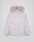 Short down jacket with raglan sleeves and fluffy lambswool trim