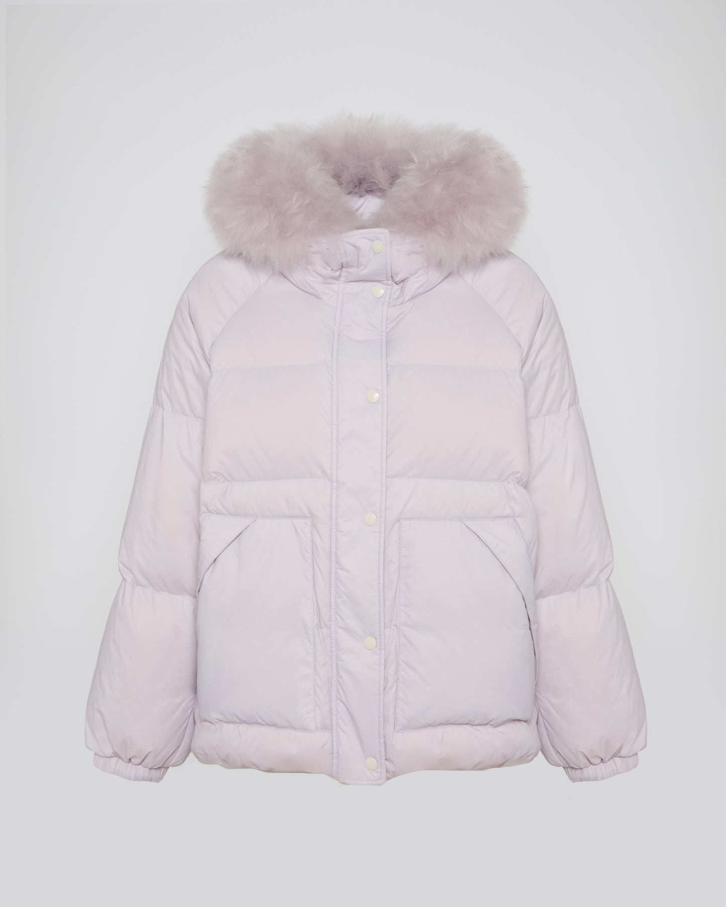 Short down jacket with raglan sleeves and fluffy lambswool trim