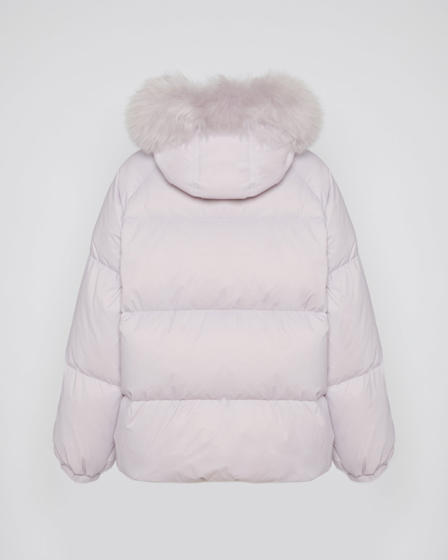 Short down jacket with raglan sleeves and fluffy lambswool trim