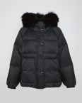 Short down jacket with raglan sleeves and fluffy lambswool trim