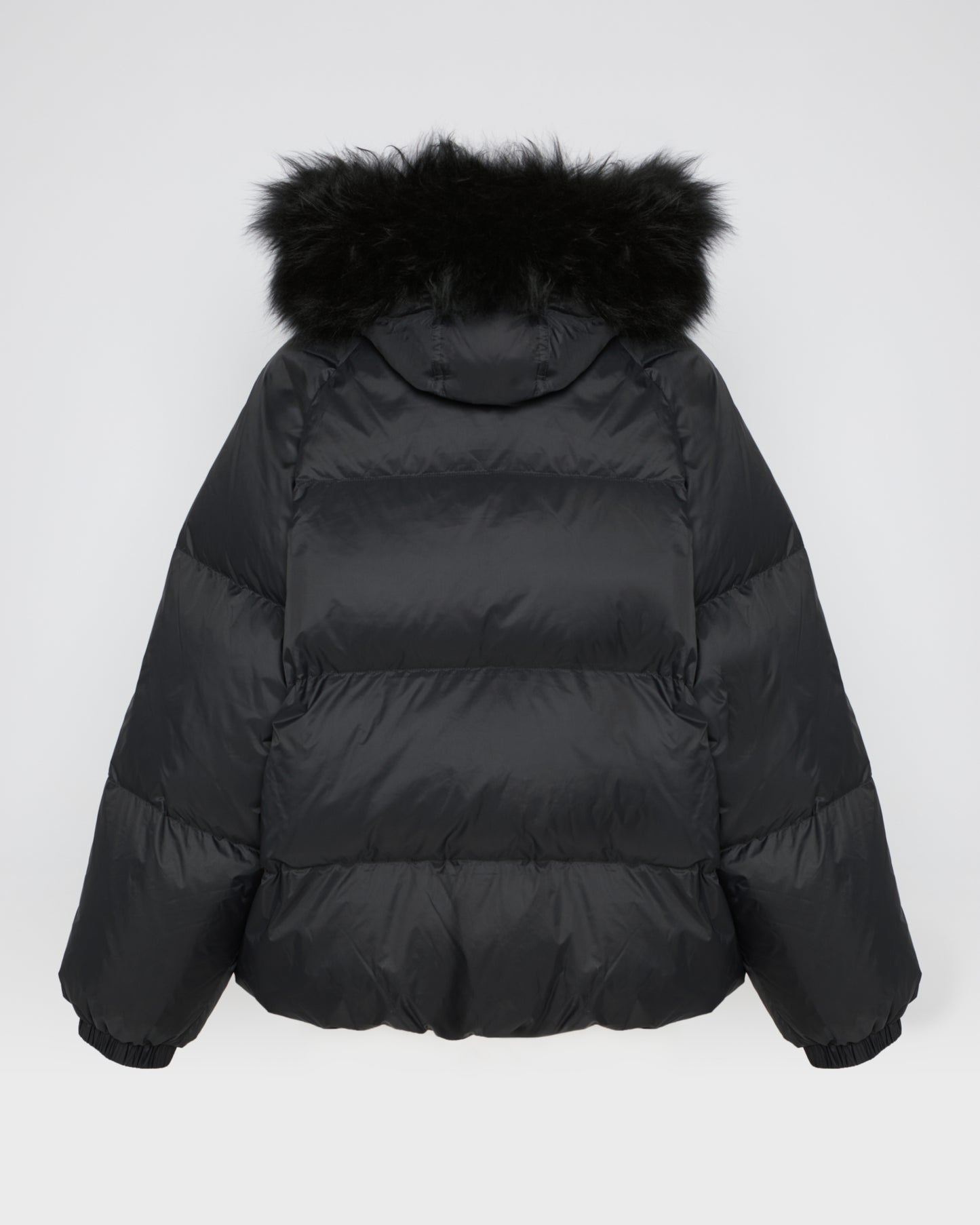 Short down jacket with raglan sleeves and fluffy lambswool trim