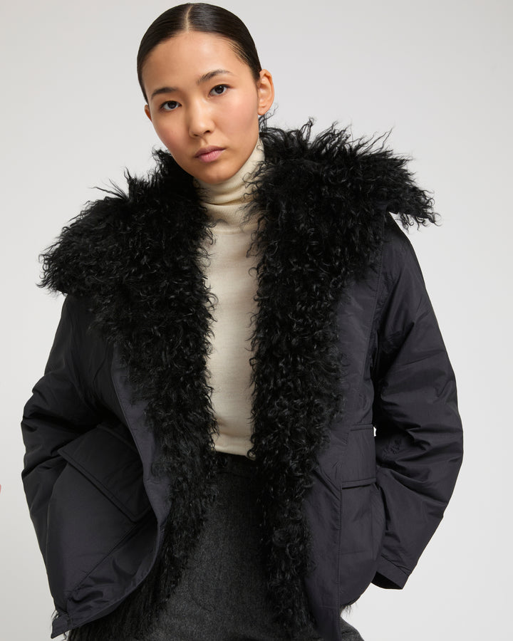 Short ultra-light jacket with curly lambskin trim -Yves Salomon