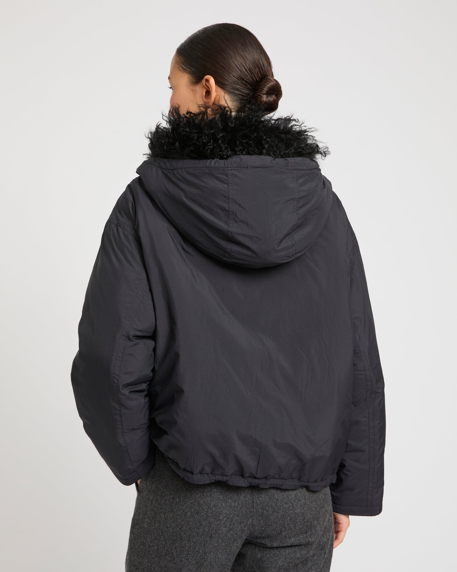 Short ultra-light jacket with curly lambskin trim -Yves Salomon