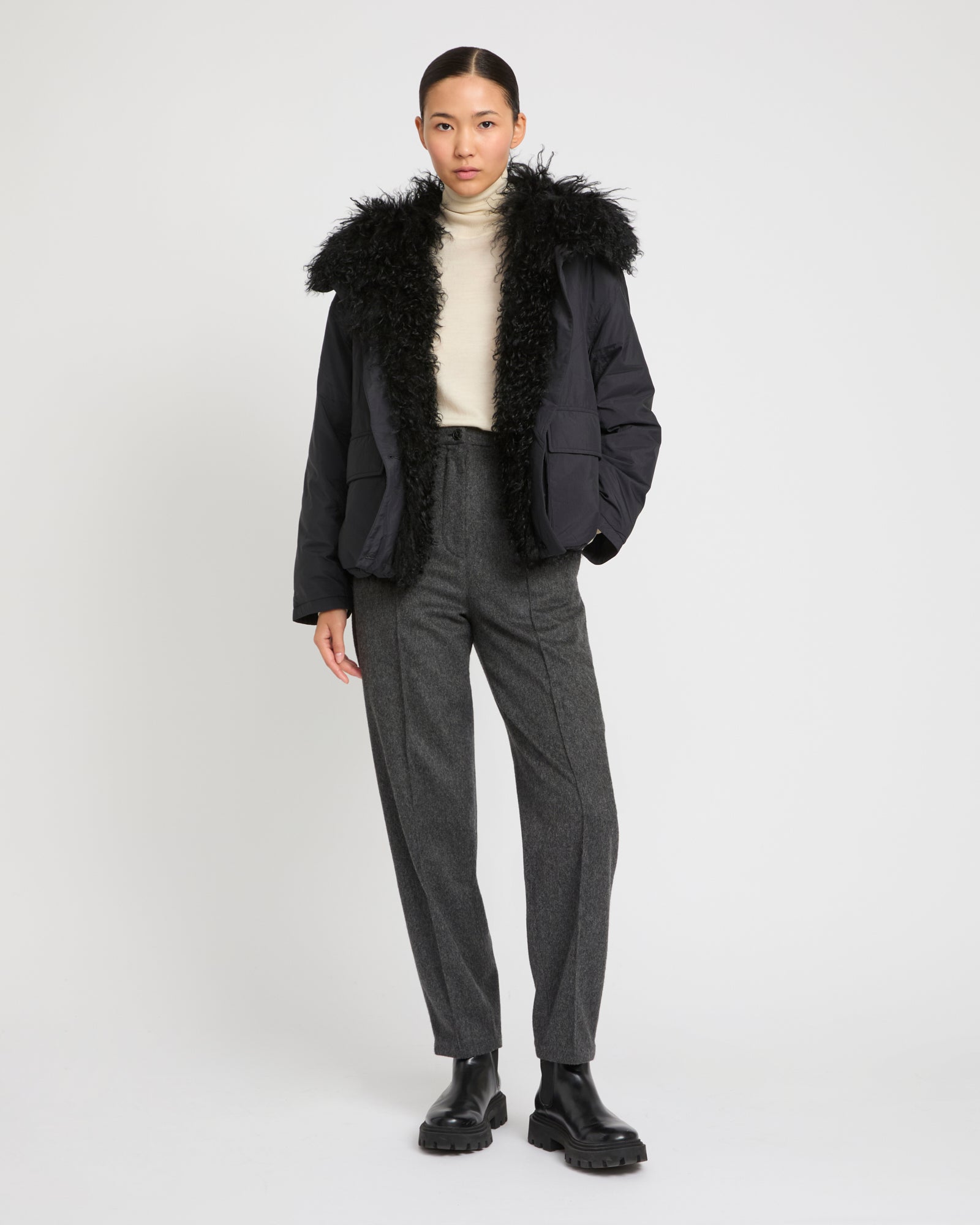 Short ultra-light jacket with curly lambskin trim -Yves Salomon