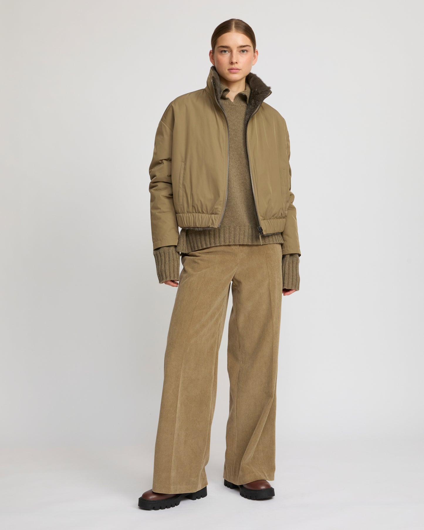 Jacket in mink reversible technical fabric with stand collar