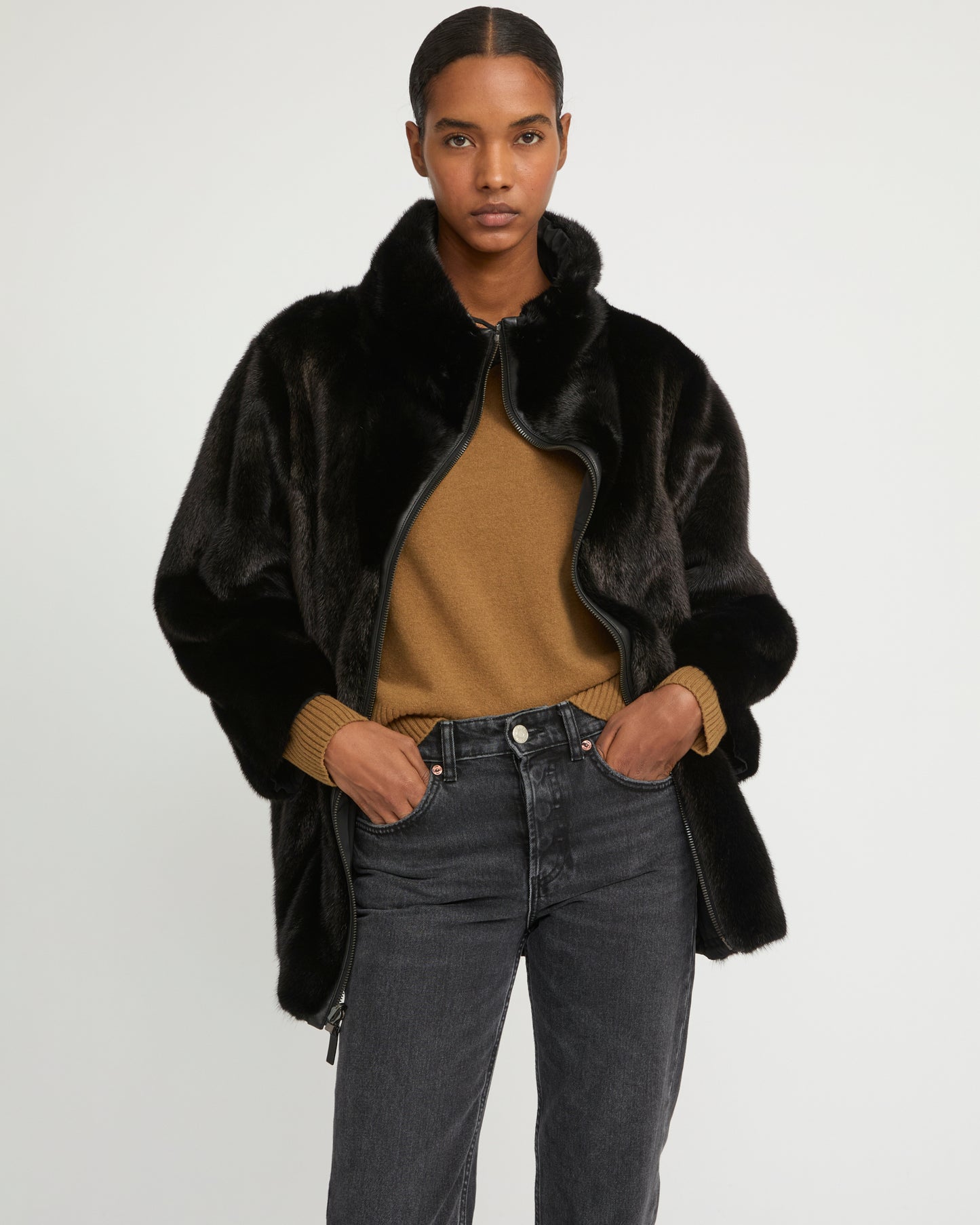 Jacket in mink reversible technical fabric with stand collar -Yves Salomon