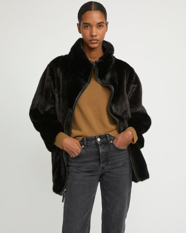 Jacket in mink reversible technical fabric with stand collar -Yves Salomon