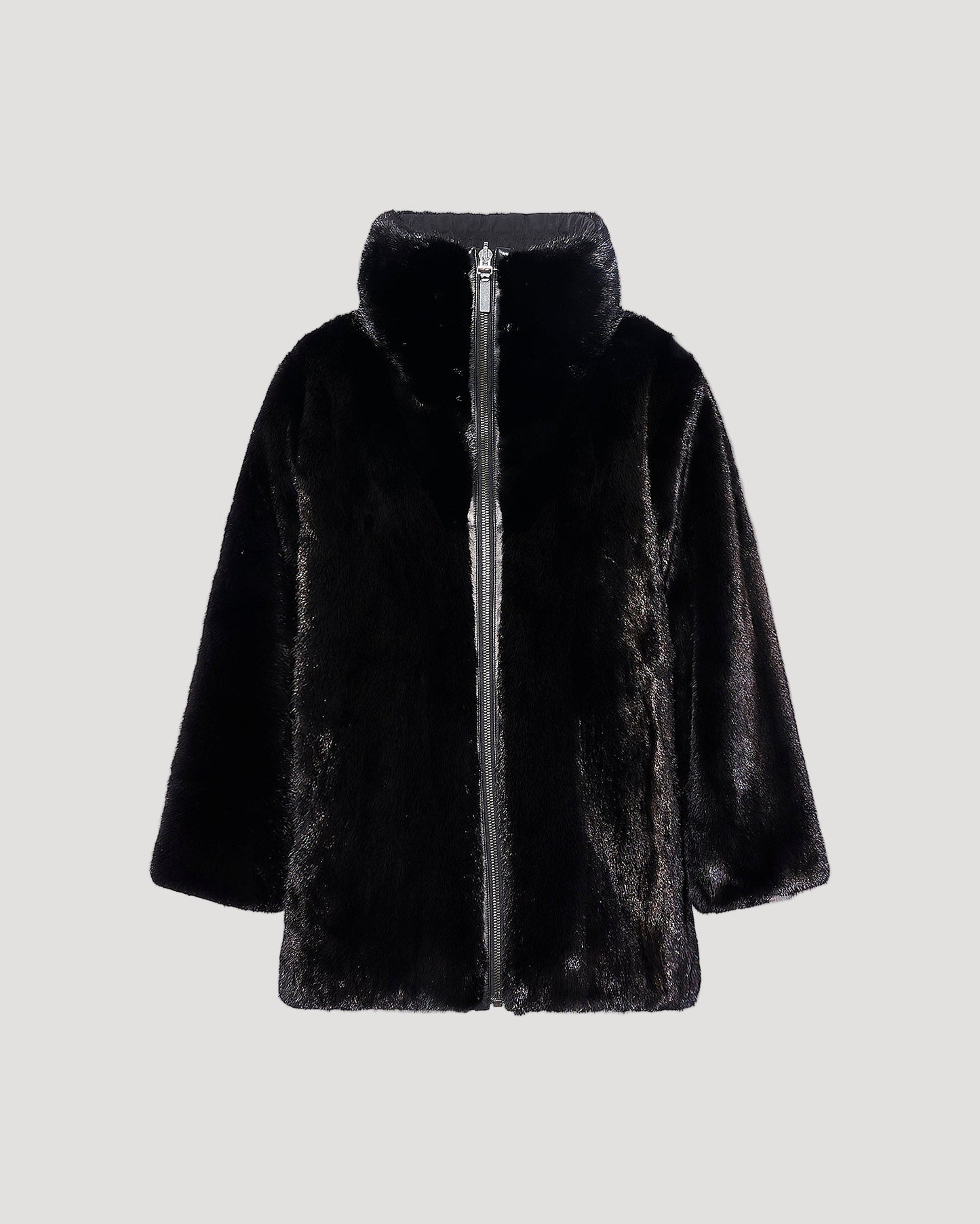 Jacket in mink reversible technical fabric with stand collar