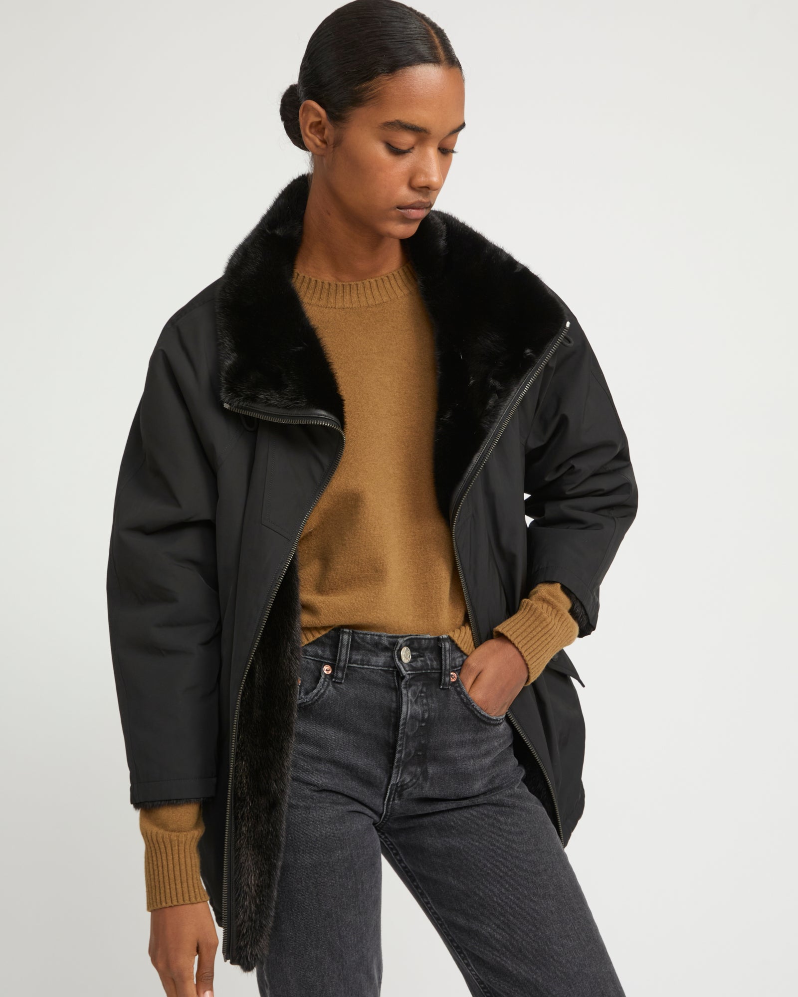 Jacket in mink reversible technical fabric with stand collar -Yves Salomon