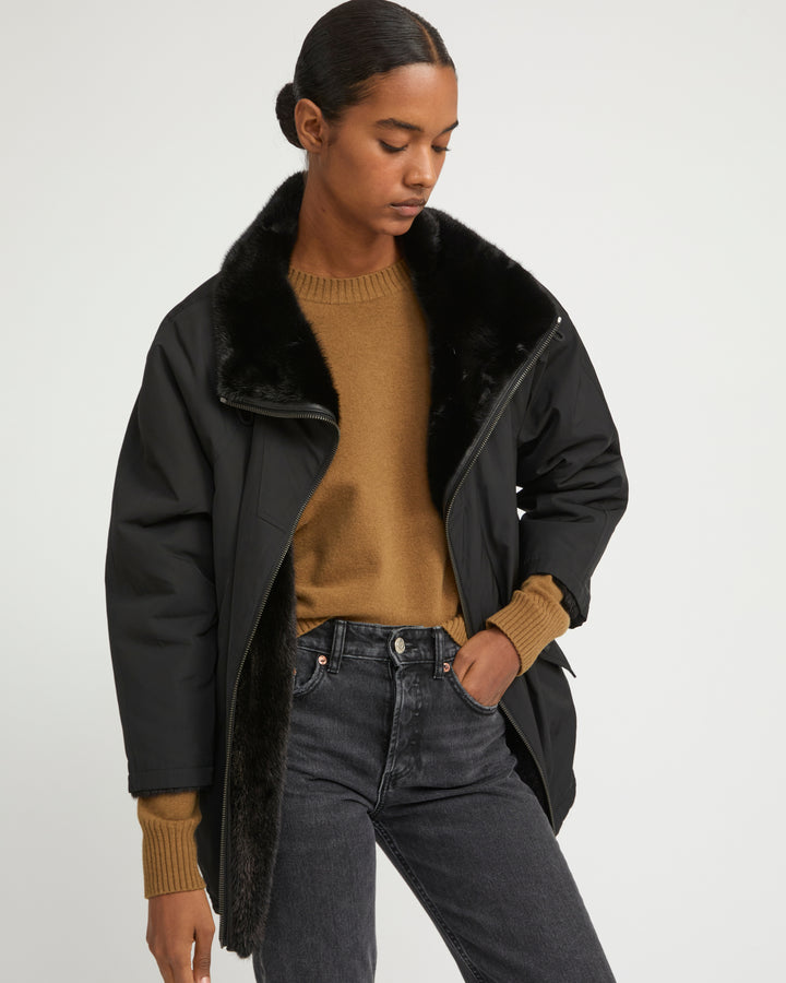 Jacket in mink reversible technical fabric with stand collar -Yves Salomon