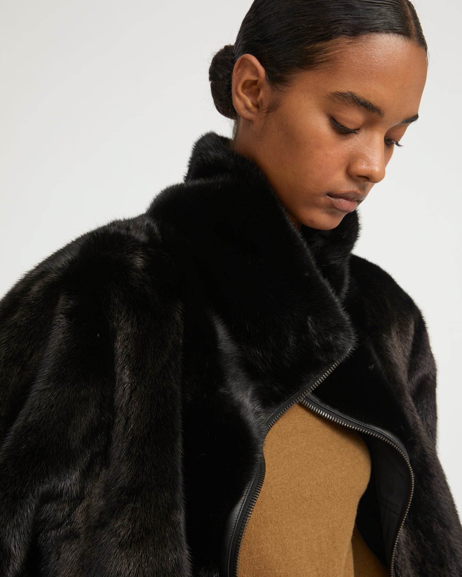Jacket in mink reversible technical fabric with stand collar -Yves Salomon