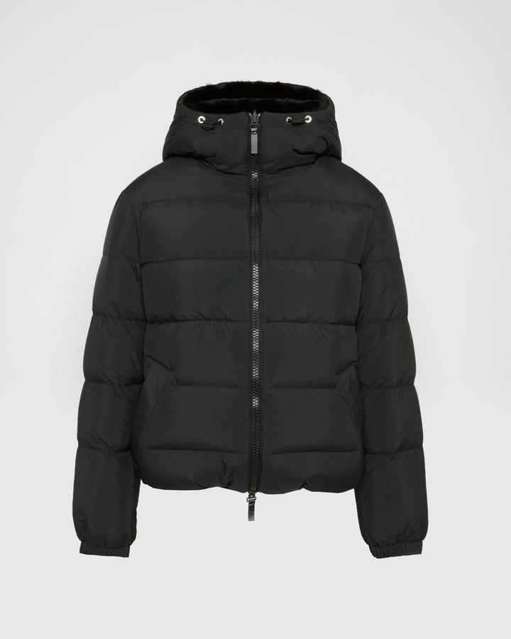 Reversible down jacket in rex rabbit fur/fabric