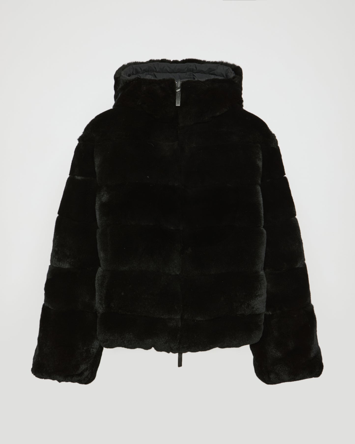 Reversible down jacket in rex rabbit fur/fabric