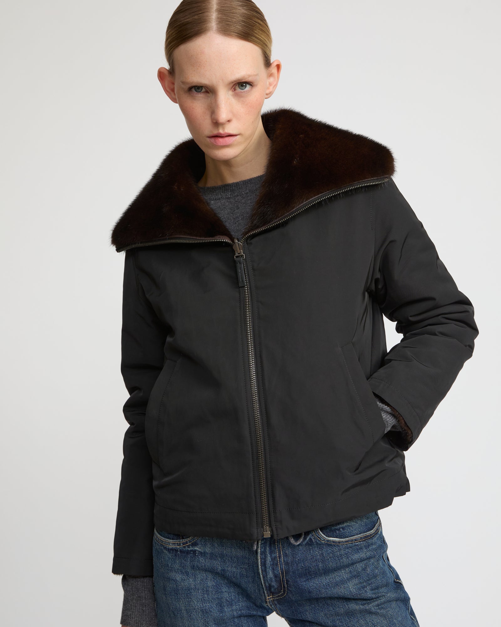 Reversible jacket in technical fabric and mink fur -Yves Salomon