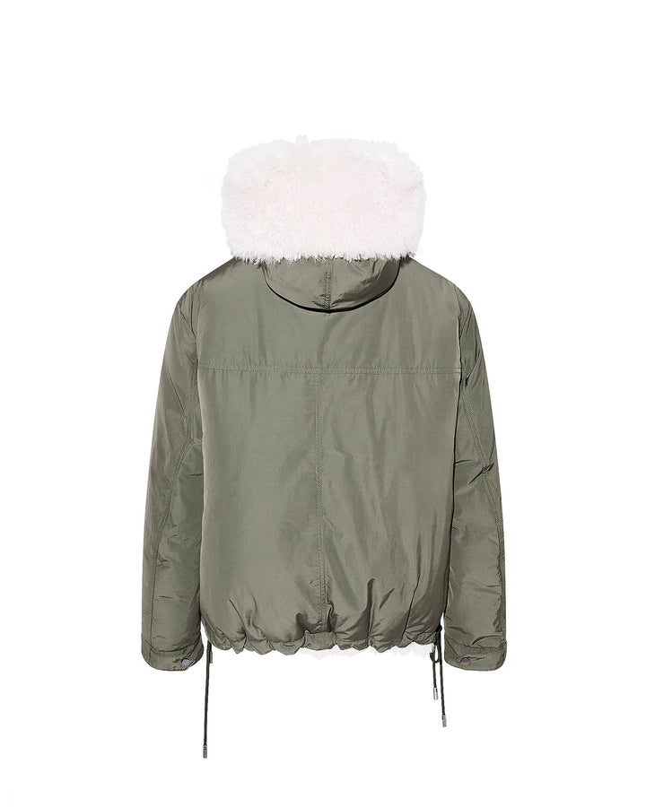 Hooded jacket in shearling and reversible technical fabric