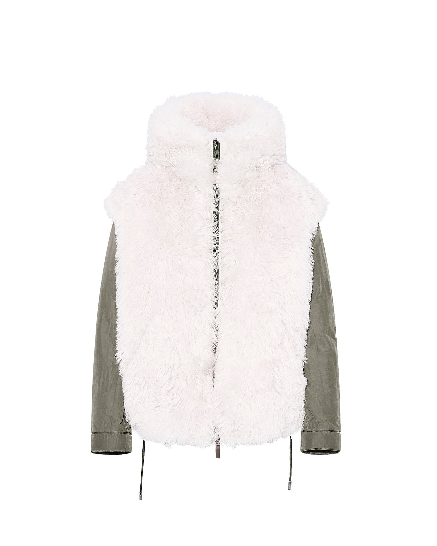 Hooded jacket in shearling and reversible technical fabric