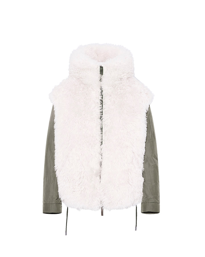 Hooded jacket in shearling and reversible technical fabric
