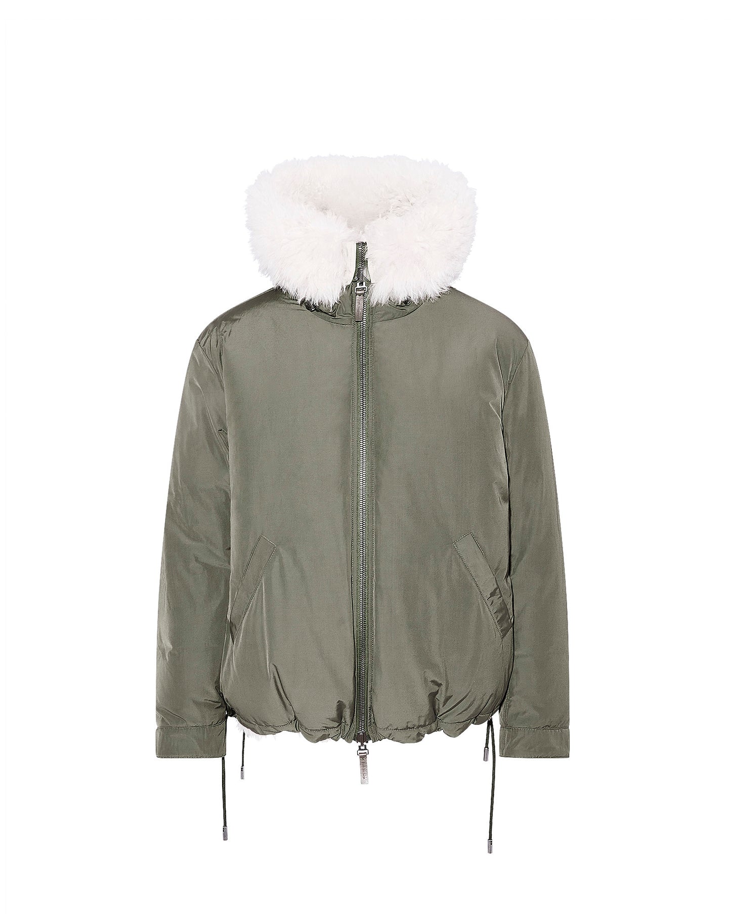 Hooded jacket in shearling and reversible technical fabric