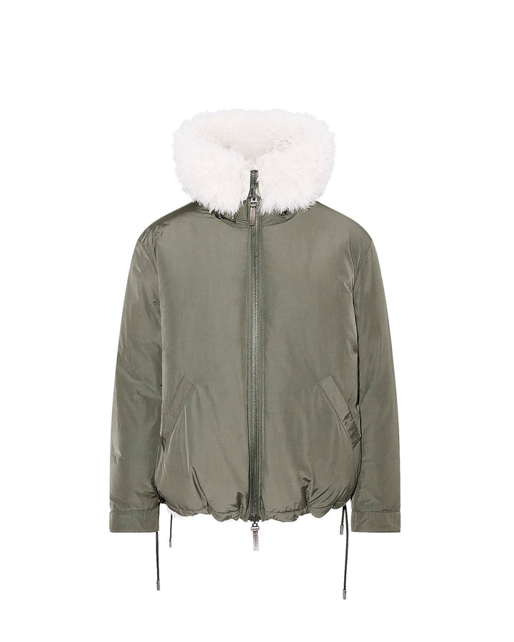 Hooded jacket in shearling and reversible technical fabric