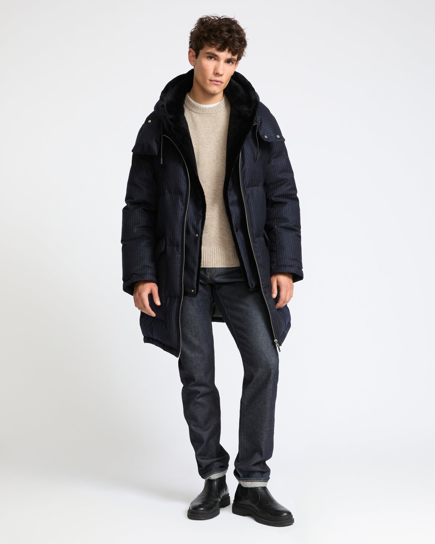Long down jacket in Loro Piana waterproof jacquard fabric with mink fur bib panel - Yves Salomon - New Fall Winter Collection