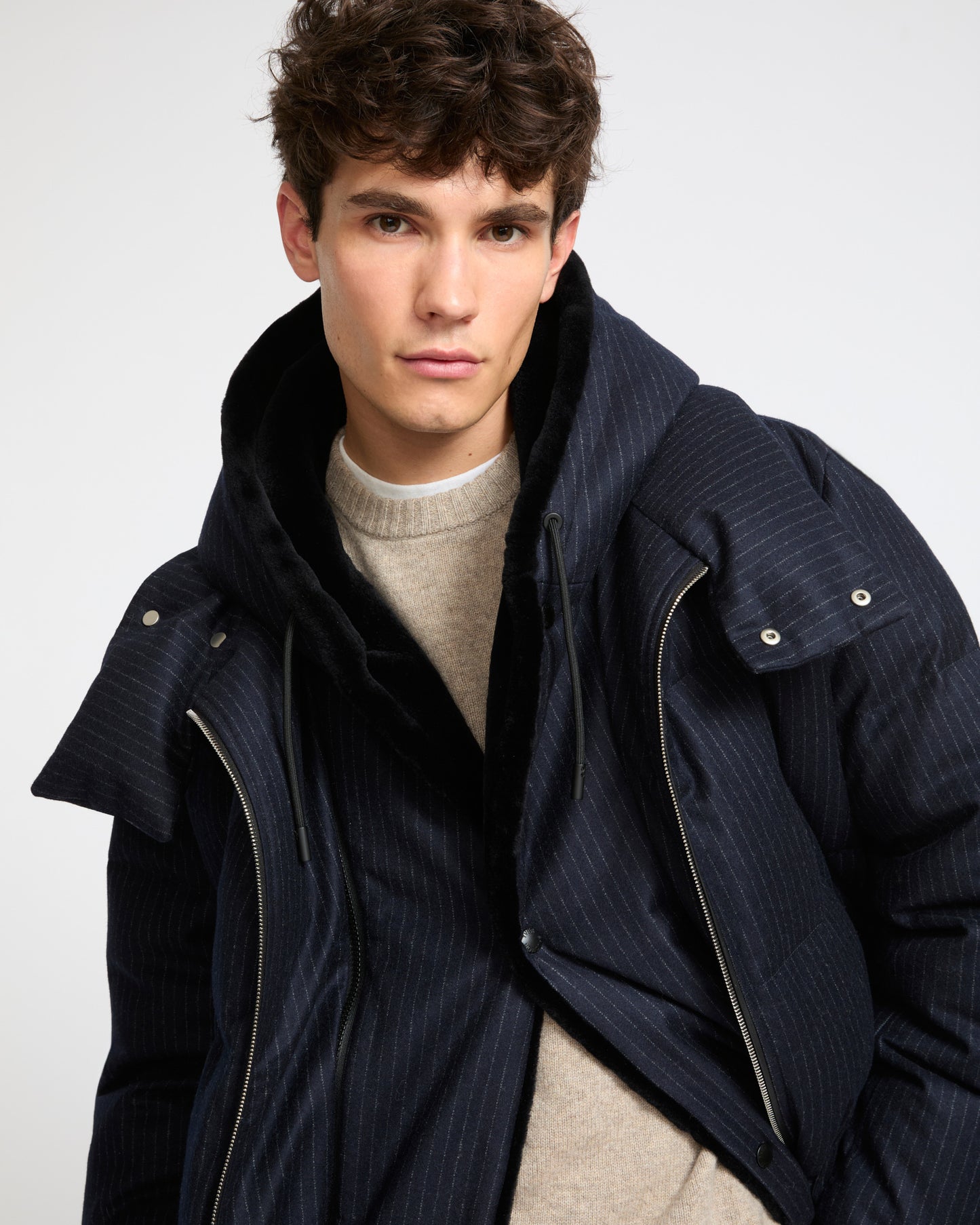 Long down jacket in Loro Piana waterproof jacquard fabric with mink fur bib panel - Yves Salomon - New Fall Winter Collection