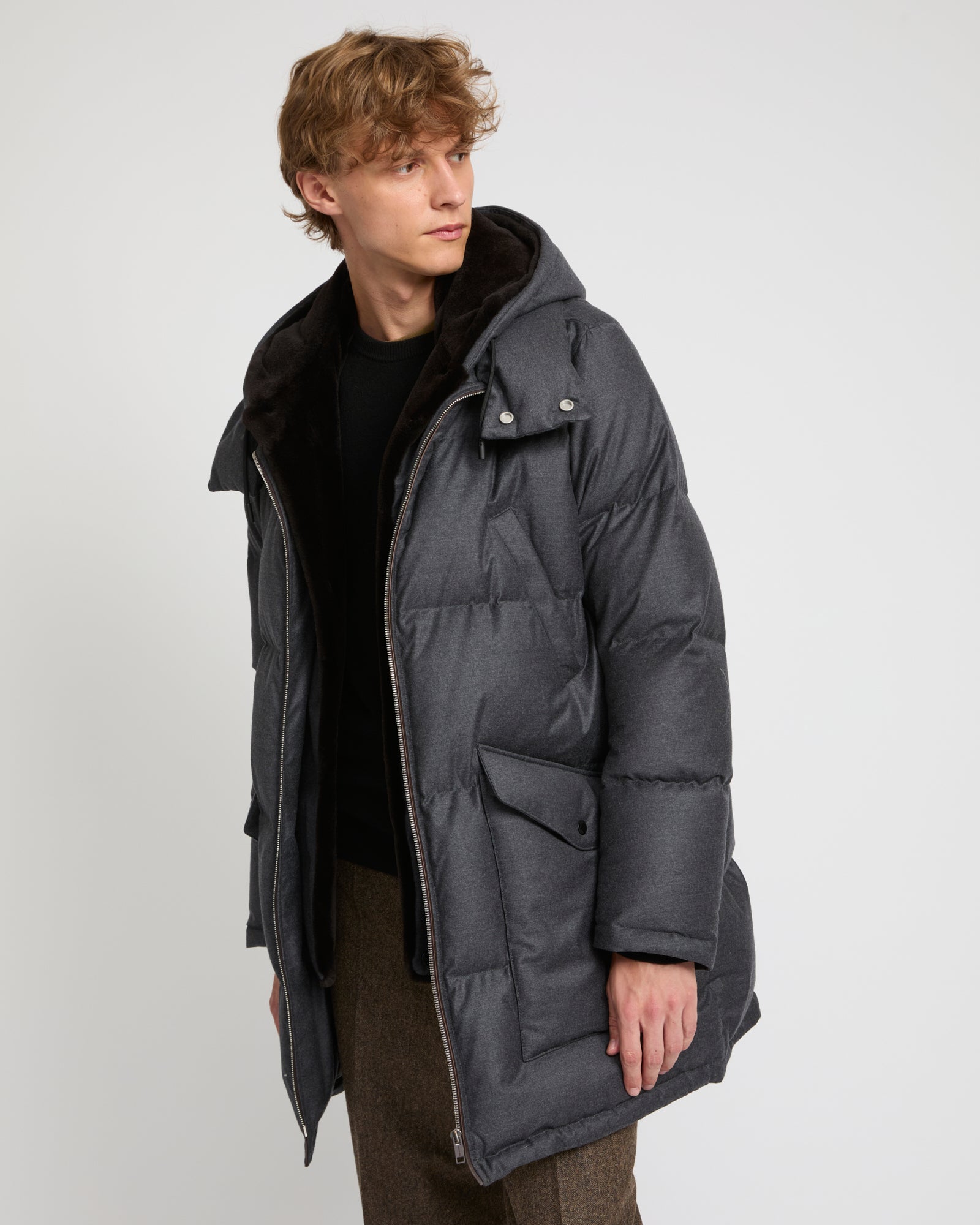 Loro Piana fabric down jacket with mink bib -Yves Salomon