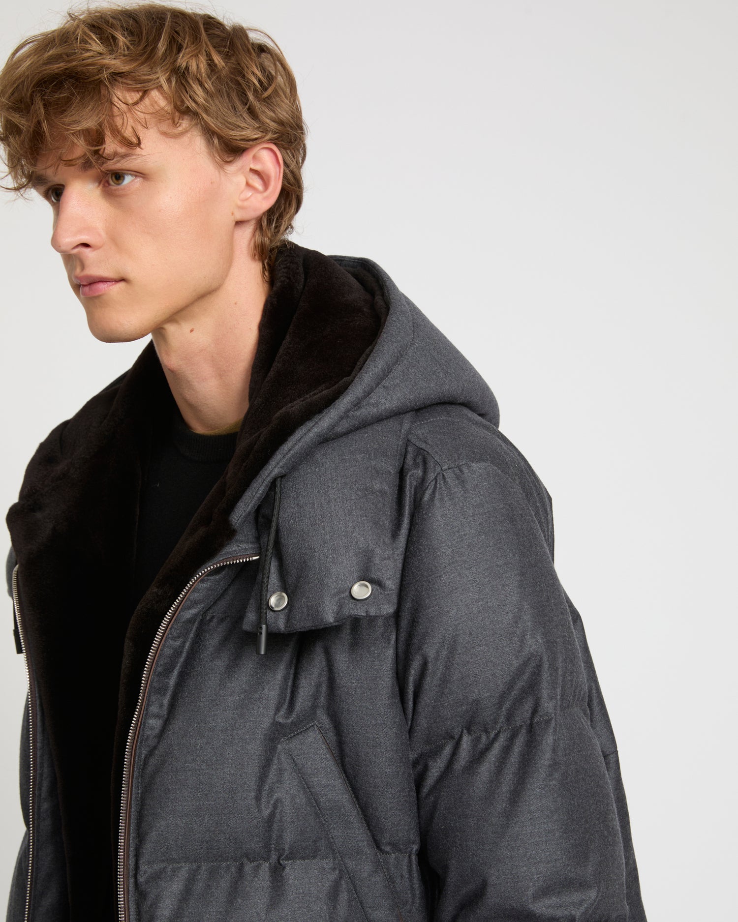 Loro Piana fabric down jacket with mink bib -Yves Salomon