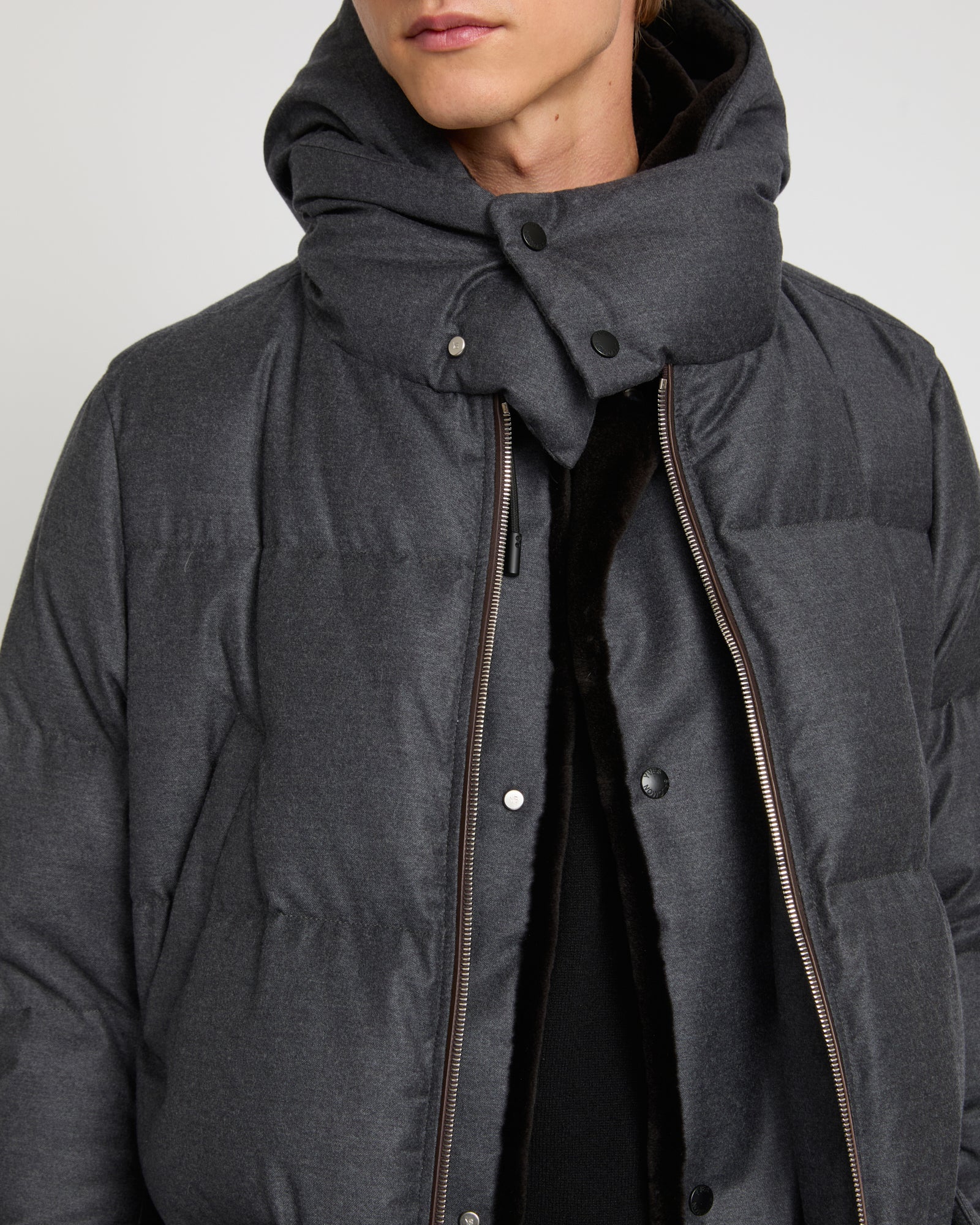 Loro Piana fabric down jacket with mink bib -Yves Salomon