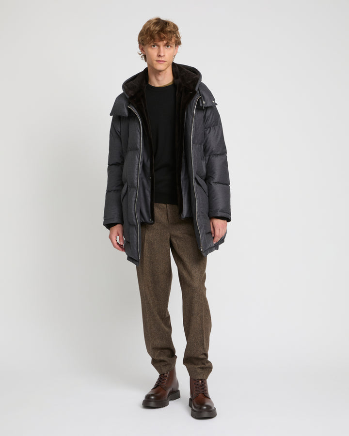 Loro Piana fabric down jacket with mink bib -Yves Salomon