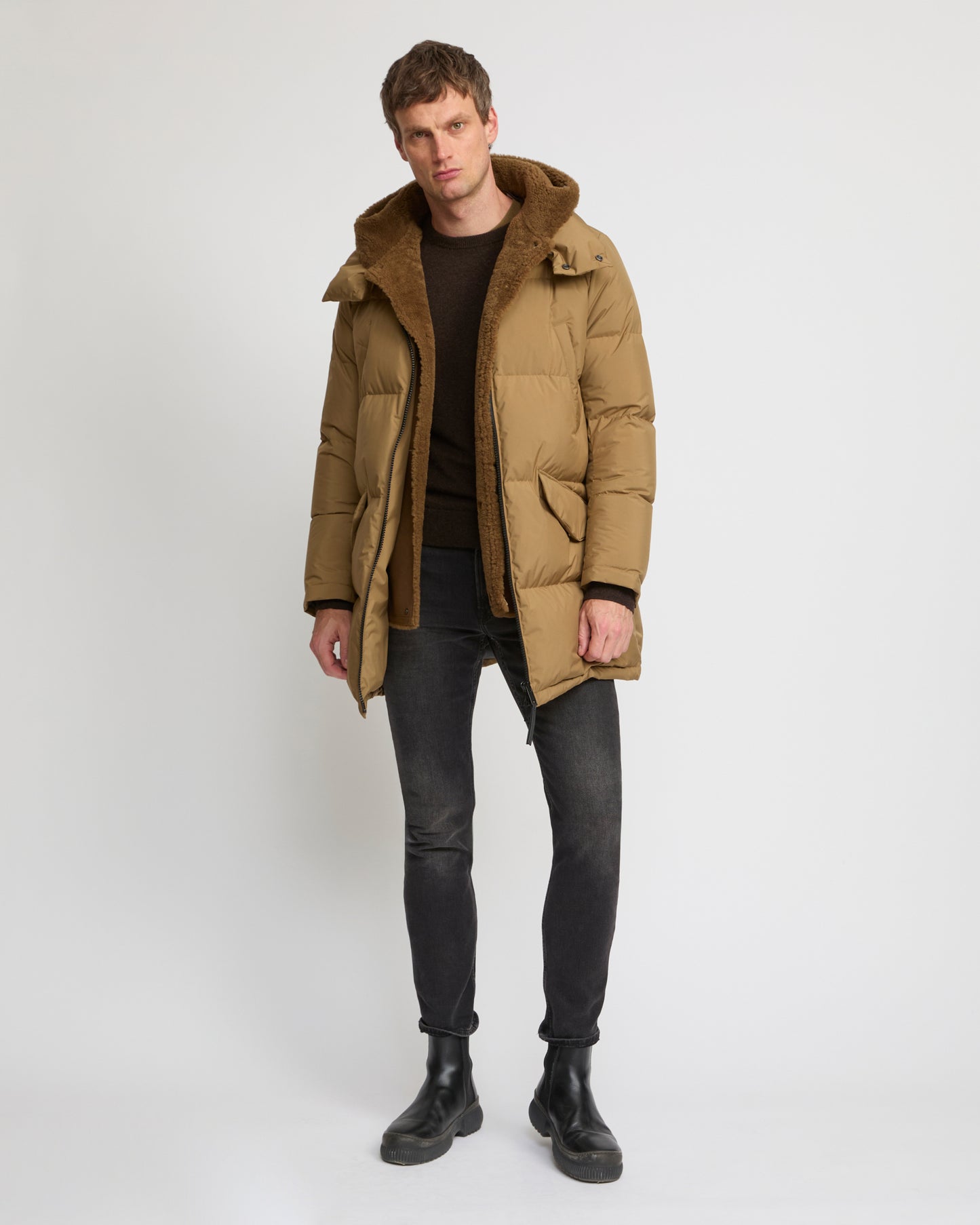 Down jacket with lambskin shearling bib