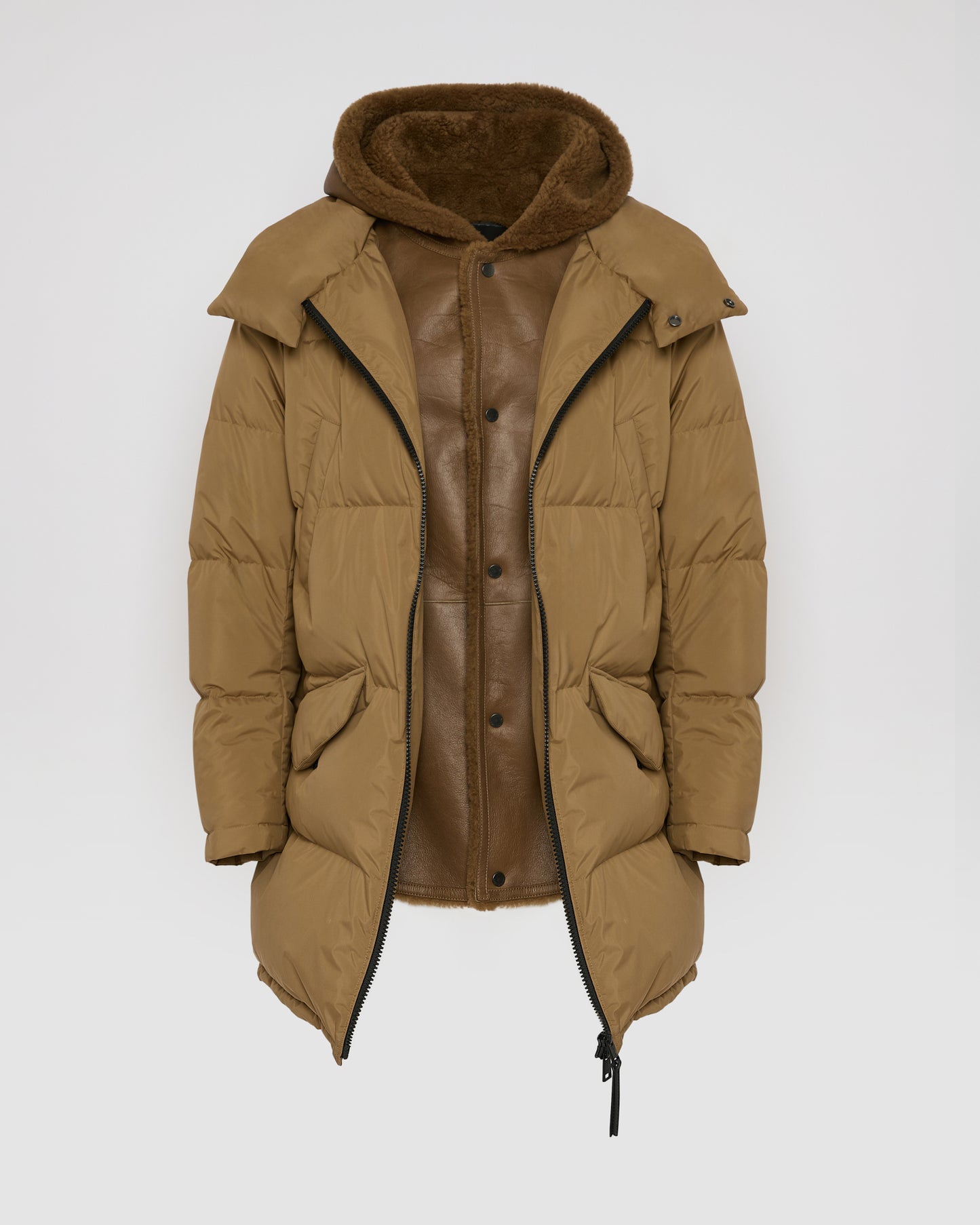 Down jacket with lambskin shearling bib