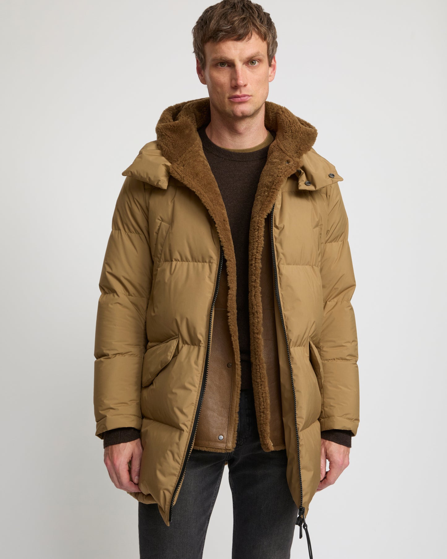 Down jacket with lambskin shearling bib