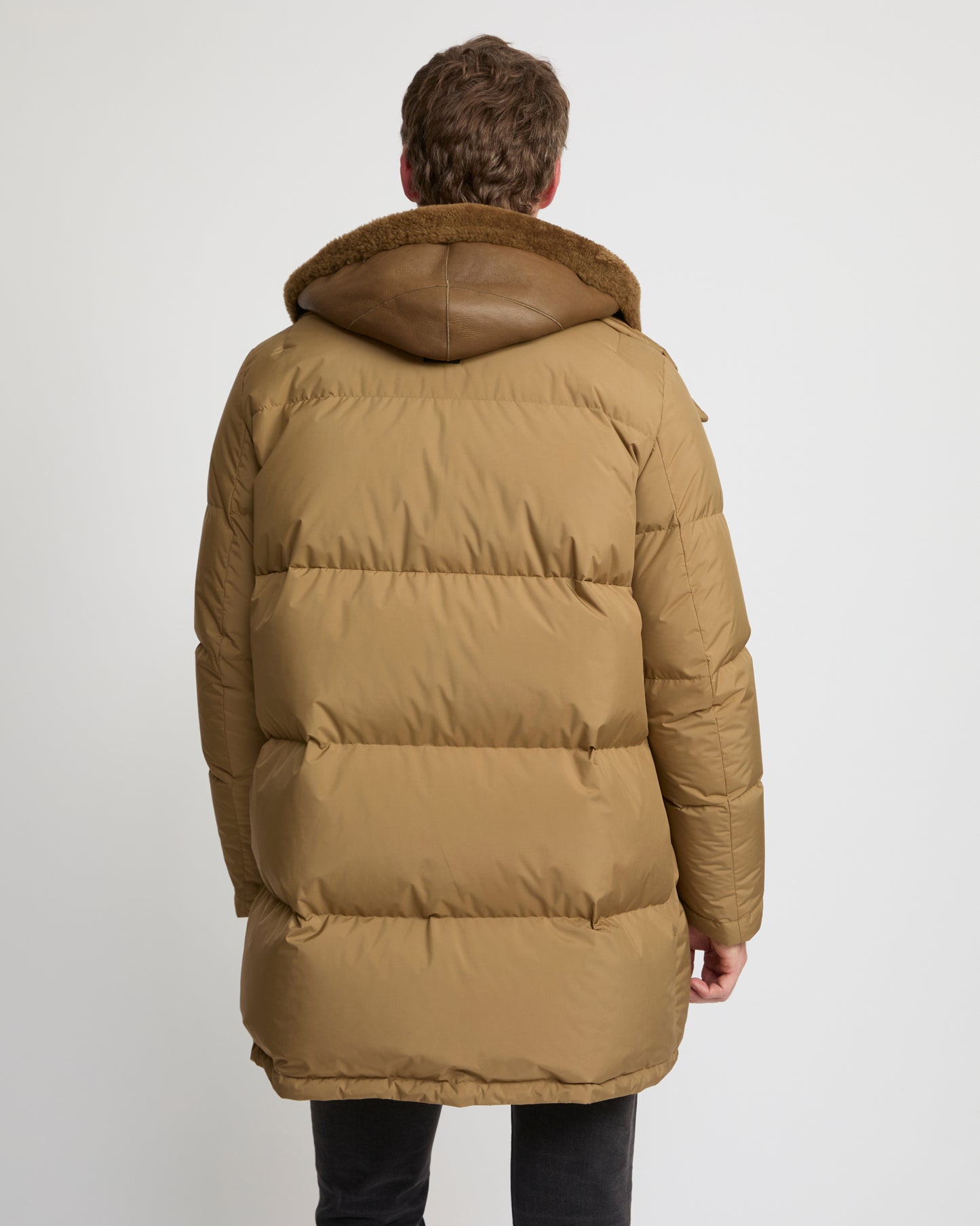 Down jacket with lambskin shearling bib
